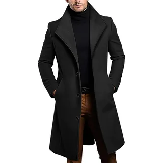 Dyhxuan Wollmantel Herren Lang Revers Trenchcoat Regular Fit Männer Mantel Langarm Übergangsjacke Wollmischung Herrenmantel Button Down Wintermantel - XL