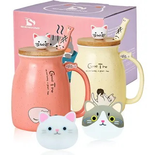 SHENDONG 2er-Pack Katzenbecher Niedliche Kaffeetassen aus Keramik im 2er-Set mit Bambusdeckel und Löffel Neuheit Morning Cup Kaffee-Milch Tee-Becher-3D Tier Katzen-Tassen für Katzenliebhaber Geschenke