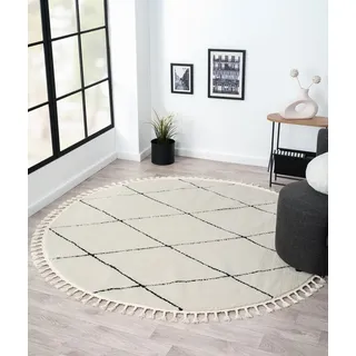 Myflair Möbel & Accessoires Hochflor-Teppich Moroccan Diamond, rund, Höhe: 24 mm, modernes Rauten Design, weich, mit Fransen, auch in rund & als Läufer schwarz|weiß rund | Ø 140 cm x 24 mm