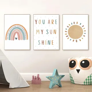 Ueiwffzo 3er Poster Set Wandbilder Kinderzimmer, Regenbogen Wolken Sonne Wand Bilder ohne Rahmen, Niedliche Wanddeko für Flur Wohnzimmer Kinderzimmer (40 x 50 cm,B)