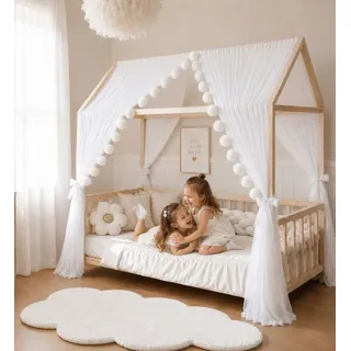 Baby Fancyroom Betthimmel Betthimmel Tüll Hausbett Kinderbett 2 Stück 340cm 380cm Montessori (3-tlg. Set mit 2x Betthimmel und einer 20er Pomponkette, Baldachin, Kinder Betthimmel Baldachin Himmel Deko Set), Betthimmel für Hausbett Montessori weiß 320 cm