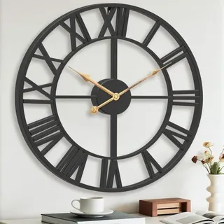 Große Wanduhr, 40 Cm, Schwarzes Skelett, Modern, Dekorativ, Große Römische Ziffern, Leise Vintage-wanduhr Für Wohnzimmer, Küche, Büro, Schlafzimmer, Kamin, Zuhause