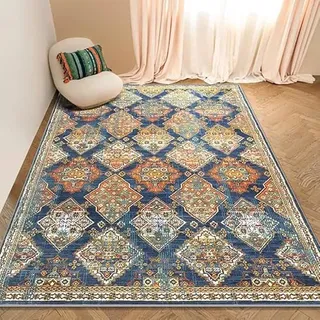 Orientalischer quadratischer Teppich, 160 x 160 cm, waschbar, rutschfest, Dicker Teppich für Eingang, Dachboden, Balkon, Heimdekoration, Retro, geometrisch, orange-blau