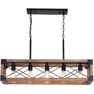 Airposta Kücheninselbeleuchtung, 84 cm, 5 Lichter, Bauernhaus, linearer Kronleuchter für Esszimmer, Billardtisch, Pendelleuchte, rustikale Holzmaserung, industrielle Pendelleuchte
