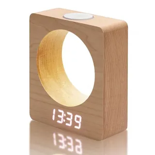 Holzwecker Mit Led-licht, 3 Wecker, 4 Dimmstufen, Temperatur- Und Kalenderanzeige, Stromversorgung Über Wechselstrom