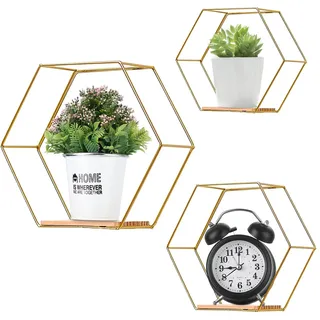 Liesun 3er Set Hexagon wandregal Metall, ohne Bohren Wohnzimmer, wandregal, hänge Regal, Regal Wand (Gold)