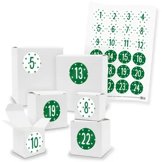itenga Adventskalender 24x Geschenkbox Würfel Quader Weiß Zahlen Sterne Grün