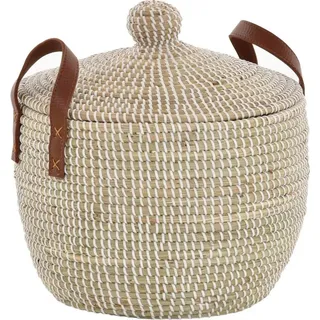 Krines Home Aufbewahrungskorb Handgearbeiteter Seegras Dekokorb mit Deckel Aufbewahrung Flechtkorb, Korb Natur mit weißen Wicklungen Rund (Hell Natur, Rund) beige Ø 37 cm x 40 cm