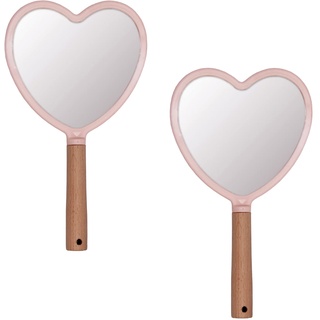 Eaoundm Handspiegel für Make-up, kleiner Holz-Handspiegel, tragbarer Reise-Kosmetikspiegel für Männer und Frauen, rosa Herz, 2 Stück