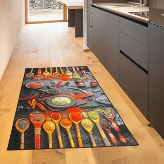Küchenläufer waschbarer Teppich mit Gewürzen Größe - 80 x 150 cm - Schwarz
