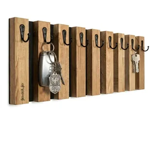 FLEXISTYLE Lamellen Schlüsselbrett Garderobenleiste Holz, Eiche, Hakenleiste, Kleiderhaken, Wandhaken, Edelstahl, Wandgarderobe, Garderobenpaneel, für Flur, Kinderzimmer, Schlafzimmer (60cm 10 Haken)