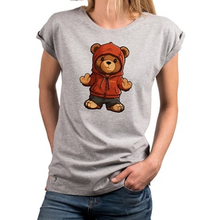 MAKAYA Print-Shirt Damen Kurzarm Teddybär coole lustige freche sexy Sommer Tops Teddy, Motiv grau
