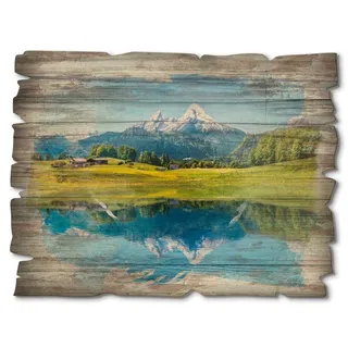 ARTland Wanddeko Bild aus Holz Holzbild vintage Deko 40x30 cm Landschaften Natur See Berge Watzmann Alpen Rustikal Vintage T9QB