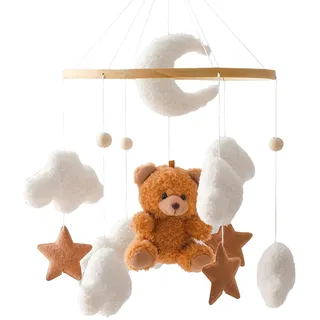 Herfair Mobile Baby Bettglocke mit Teddybär Hölz Mädchen Hängende Mobile Windspiel für Babybett Kinderbett (Braun)