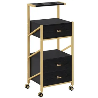 M MCombo Friseurwagen mit Rollen & 3 Schubladen, Rollwagen Servierwagen Schwarz-Gold, Salon Trolley mit 2 Ablagen & 2 Föhnhalter, Moderner Arbeitswagen für Bad Wohnzimmer, 30x40x97cm, 0048