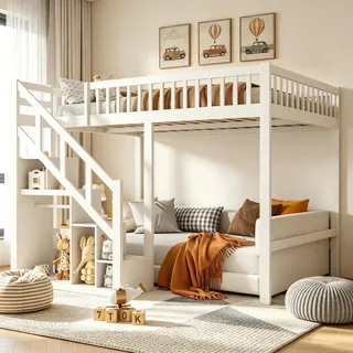 DULRLLY Hochbett 90x200 Etagenbett Kinderbett mit Treppe und Aufbewahrungsschrank, Jugendbett Stockbett mit Rausfallschutz und Lattenrost Funktionsbett Hoch Bett für 2 Kinder Erwachsene, Ohne Matratze