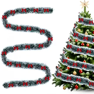 10m Weihnachtsgirlande mit 72 Schleife, Weihnachtsdeko Girlande Künstlich Tannengirlande Wintergirlande Glitzer Lametta Girlande Treppen Girland Weihnachten für Weihnachtsbaum Deko (A)