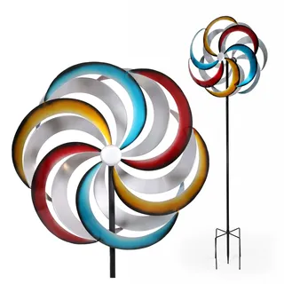 Lemodo Windrad Garten, Metall Windspiel Rainbow, 2 gegenläufige Propeller, richtet Sich nach Wind, 213 cm, 4-er Erdspieß, buntes Gartendeko Windrad für Beet, Rasen, Terrasse & Balkon, Gartenstecker