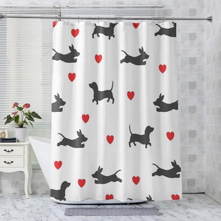 Generisch Duschvorhang 180x200cm Anti-Schimmel, Duschvorhang Dackel, Rotes Herz Duschvorhang mit 12 Plastik Haken, Badevorhang Waschbar Textil Shower Curtains für Dusche und Badewanne, LICAPE3437&SJJ