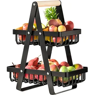Obstkorb - 2-stöckiger Metall Küchenständer - Korb mit Holzgriff - Aufbewahrung für Obst, Gemüse und Brot - Für Küche Camping & Grill - Wied...