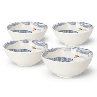 WESTCRAFT Teller im mediterranen Design mit Sardinen-Motiv 2.0 | Maritime Speiseteller, Suppenteller, Dessertteller, Servierplatten, Bowls - robust, Steinzeug, glattes Finish (4er Set Bowl (16 cm))