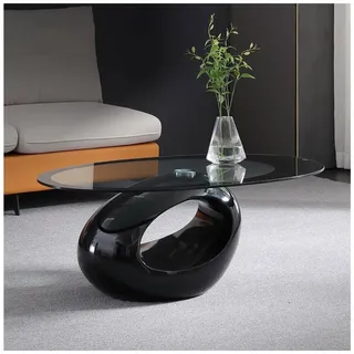 CLoxks Ovaler Couchtisch, 33 Zoll moderner Couchtisch aus gehärtetem Glas, Schwarz, Wohnzimmertisch mit Ablagefläche, Wasserdicht, Kratzfest, Montageanleitung enthalten