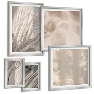 BILDER SET 5er Set - 50x50 cm & 20x30 cm & 40x60 cm Silberner Rahmen - Nahaufnahme von natürlichen Boho-Stoffen
