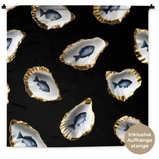 MuchoWow Wandteppich Austern - Fisch - Blau - Gold, Quadratisch, Höhe: 3 mm, Wand Teppich Wohnzimmer, Schlafzimmer, 150x150 cm blau Quadratisch | 150 cm x 150 cm x 3 mm