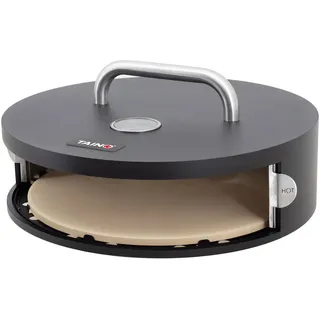 TAINO Pizzabox Pizzaaufsatz Pizzastein mit Deckel Tür rund Grill Zubehör für Gasgrill Schwarz