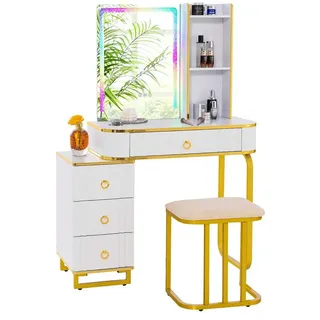 KOMFOTTEU Schminktisch, mit LED, Hocker, USB/Type C/Kabellosem Laden weiß