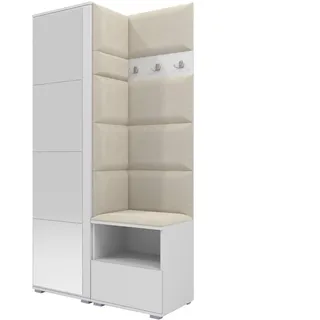 RAVIO Flurgarderobe 100 cm mit Kleiderschrank & Spiegel, Garderobenset Flur mit Schuhschrank, Sitzbank, Garderobenpaneel, Wandpolster & Push to Open Türen - Weiß/Wandpaneel Creme