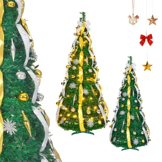 ACXIN Pop Up Spiral Weihnachtsbaum 150cm mit Bändern & 100 LED Lichterkette, Künstlicher Tannenbaum für Innen & Außen, Weihnachtsbaum Deko, Christbaum Beleuchtet, Klappbarer Christbaum, Gold