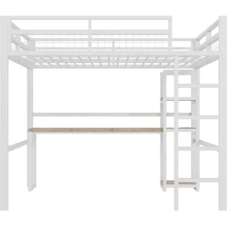 Hochbett 140x200cm ohne Matratze Weiss Einlegeboeden Schreibtisch USB Type-C Trittleiter Gaestebett Einzelbett Metallbett Schreibtisch - Weiß