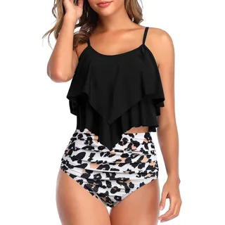 Genfien Damen Badeanzug Rüschen Zweiteilige High Waist Bikini mit Hoher Taille Bademode Volant Bedruckt Badeanzug - S