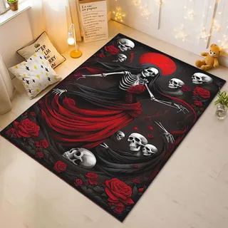 Fadaing Totenkopf Teppich Wohnzimmer 160x230cm Gothic Schwarz Skull Rose Kinderteppich Kinderzimmer, Schädel Teppich Kinder Spielteppich Wohnzimmerteppich(15,80x160cm)