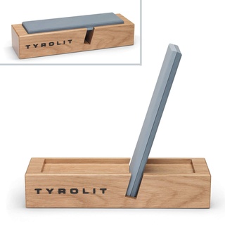 TYROLIT LIFE Schleifstein für Messer - Körnung 400/800 - Manueller Messerschärfer mit voreingestelltem Schleifwinkel - Halterung aus Eichenholz - Made in Tirol