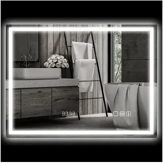 MC Star Badspiegel mit Beleuchtung 80x60 cm LED Spiegel Wandspiegel (Uhr 3 Lichtfarben Beschlagfrei Lichtspiegel mit Touchschalter Silber) silberfarben