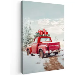 LEINWANDBILD Auto - Rot - Geschenke - Winter - Schnee - Weihnachten Deko Wohnzimmer 20x30 cm