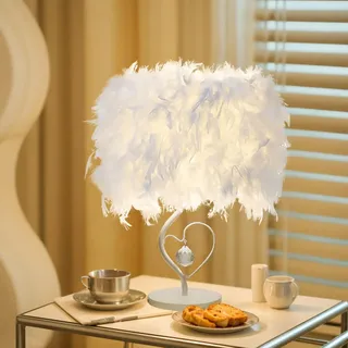 HaiYiZuhause Feder Tischlampe, dekorative elegante Vintage Tischleuchte mit Glühbirne, für Schlafzimmer und Wohnzimmer, weiß