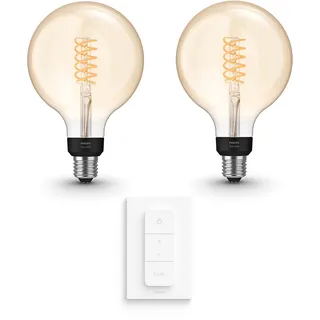 Philips Hue Vorteilspaket - E27 - mit 2 Filament Globe Lampen Groß (G125) - Warmweißes Licht - inkl. 1 Hue Dimmschalter - Hue White Filament