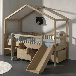Halbhohes Hausbett Rollboxen Rutsche Lattenrost 90x200 Spielbett Eiche massiv