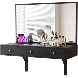 Schminktisch 100x45x105 cm Schwarz mit Spiegel, 3 Schubladen und integrierter Steckdose für Schlafzimmer