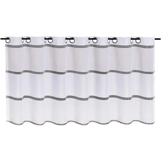 Happy Home Scheibengardine Sophia Weiß Grau 140x53 cm – Moderne Bistrogardine mit Ösen – Halbtransparenter Ösenvorhang mit Voile-Streifen – Küchengardine & Sichtschutz Öko-Tex
