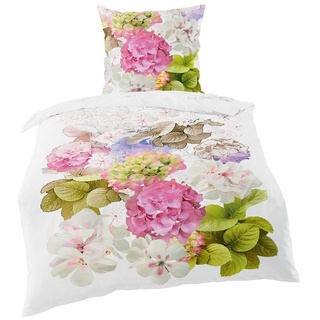 Bettwäsche Mako-Baumwolle, Traumschloss, Mako-Satin, 2 teilig, Digitaldruck, frische Blumen in lila, rosa, weiß silberfarben 1 St. x 155 cm x 220 cm