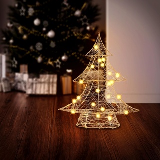 ECD Germany LED Deko Baum Weihnachten mit 30 warmweißen LEDs, 40 cm hoch, Metall, Gold, Weihnachtsbaum mit Beleuchtung & Timer, Innen, batteriebetrieben, Lichterbaum Tanne stehend Weihnachtsdeko