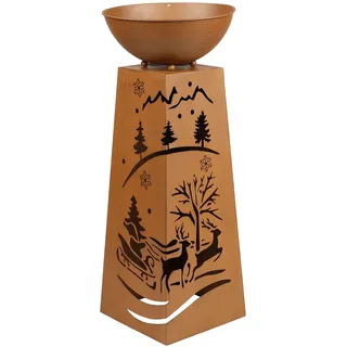 ETC Shop Dekosäule Pflanzenschale Blumenschale Gartendeko Außenlampe Pflanzsäule mit Weihnachtsmotiv, Metall Rost, Akku enthalten Timer, 1x LED warmweiß, H 59 cm