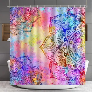 Lokigo Mandala-Boho-Duschvorhang mit bunten Blumen, Violett/Rosa, 183 x 183 | Bohemian-Duschvorhang mit abstraktem Blumenmuster, Stoff, Polyester, Badezimmer-Dekoration, wasserdicht, maschinenwaschbar