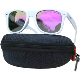 Rennec Sonnenbrille Verspiegelt Retro Weiß Matt Hardcase UV400 Schutz Damen Herren Markenbrille Nerd Brille Festivalbrille - Breite 144mm , Höhe 48mm