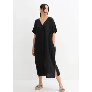 bonprix Kaftan-Kleid aus reinem Leinen, schwarz, Gr.52, modernen Leinenkleid mit weiter Passform und tiefem V-Ausschnitt, aus Leinen