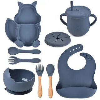 AIMAX Kindergeschirr-Set Baby-Teller 8-teiliges Set Kinderteller mit Saugnapf, Kindergeschirr Teller Lätzchen Schüssel Löffel Gabel Trinkbecher grau